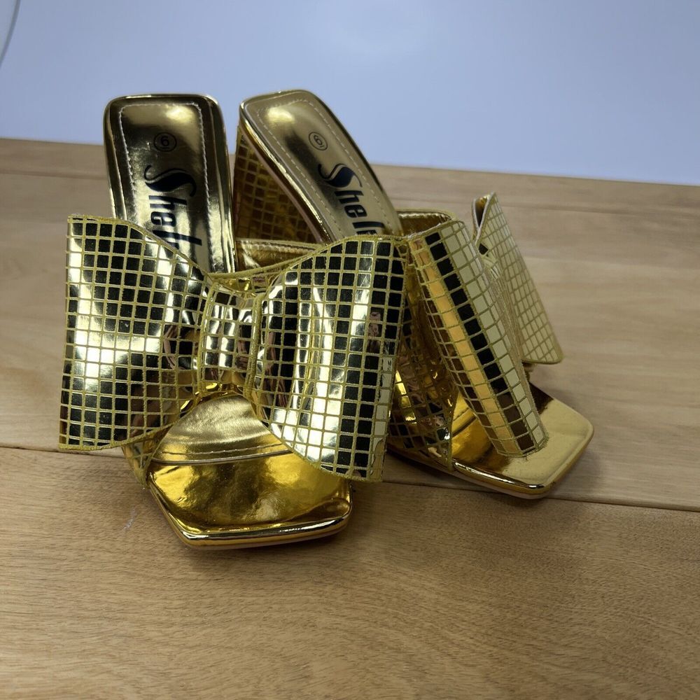 SHEIN Shiny Gold Disco Bow Retro Funky Women's 6 Open Toe‎ Triangle Heel